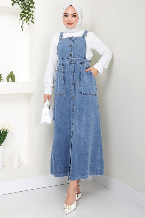 Stylish Buttoned Denim Pinafore Dress in Black and Blue DR001HF - Image 2