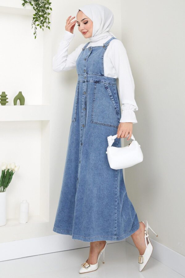 Stylish Buttoned Denim Pinafore Dress in Black and Blue DR001HF