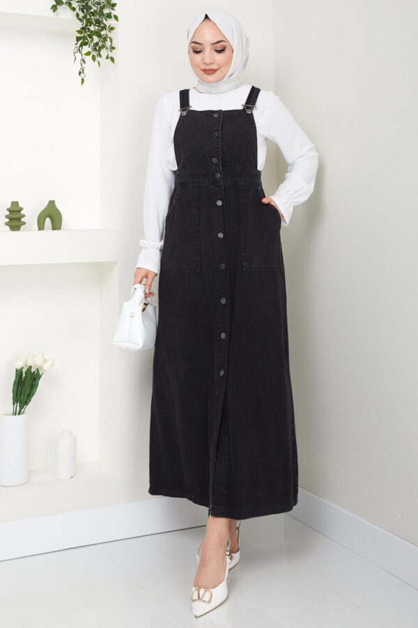 Stylish Buttoned Denim Pinafore Dress in Black and Blue DR001HF - Image 6