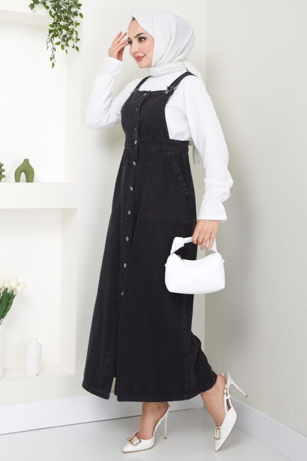 Stylish Buttoned Denim Pinafore Dress in Black and Blue DR001HF - Image 4